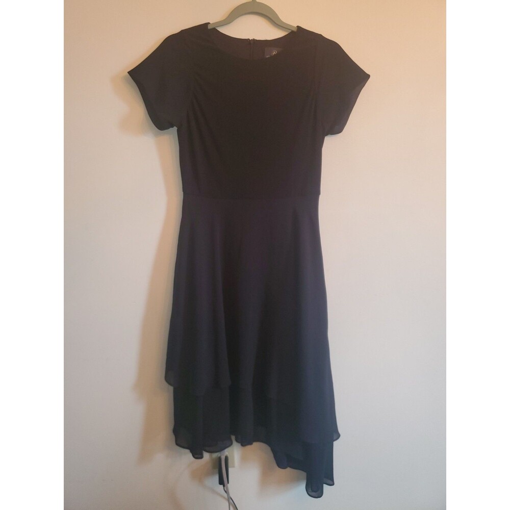 Adrianna Papell Asymmetrical Handkerchief Hem Cocktail Midi Dress Black Size 4